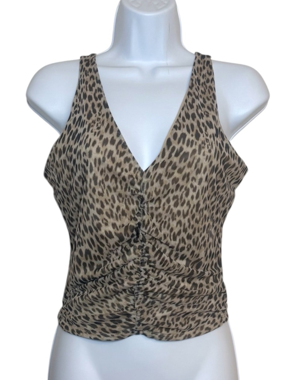 Lovefire Leopard Print Ruched Tank Top V-Neck Cheetah Y2K Mesh Blouse